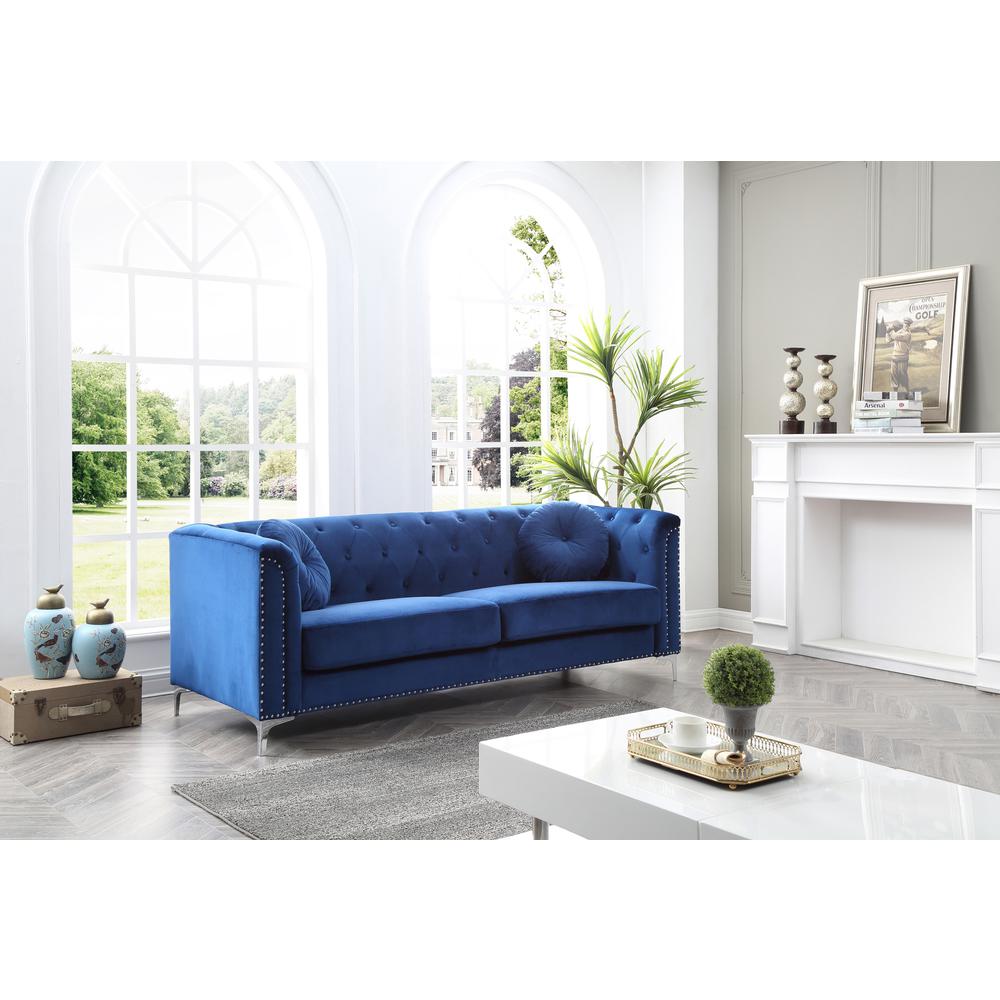 Pompano 83 in. Navy Blue Tufted Velvet Loveseat with 2-Throw Pillow. Picture 5
