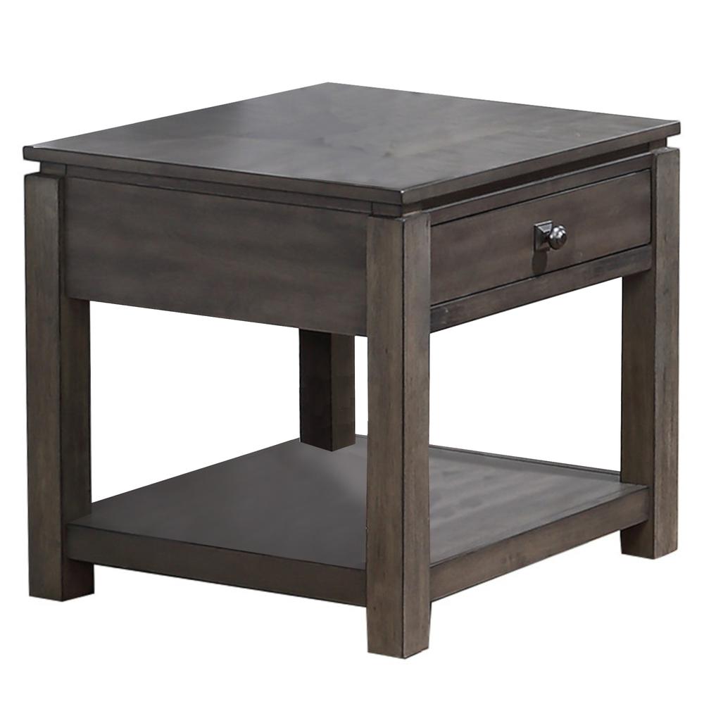 Shades of Sand 24 in. Weathered Grey Square Solid Wood End Table with 1 Drawer. Picture 1
