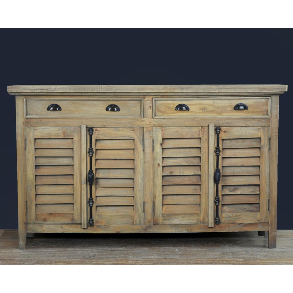 Shabby Chic Cottage 58 In. Wide Driftwood Brown Solid Wood Buffet with Shutter Door and Drawers. Picture 8