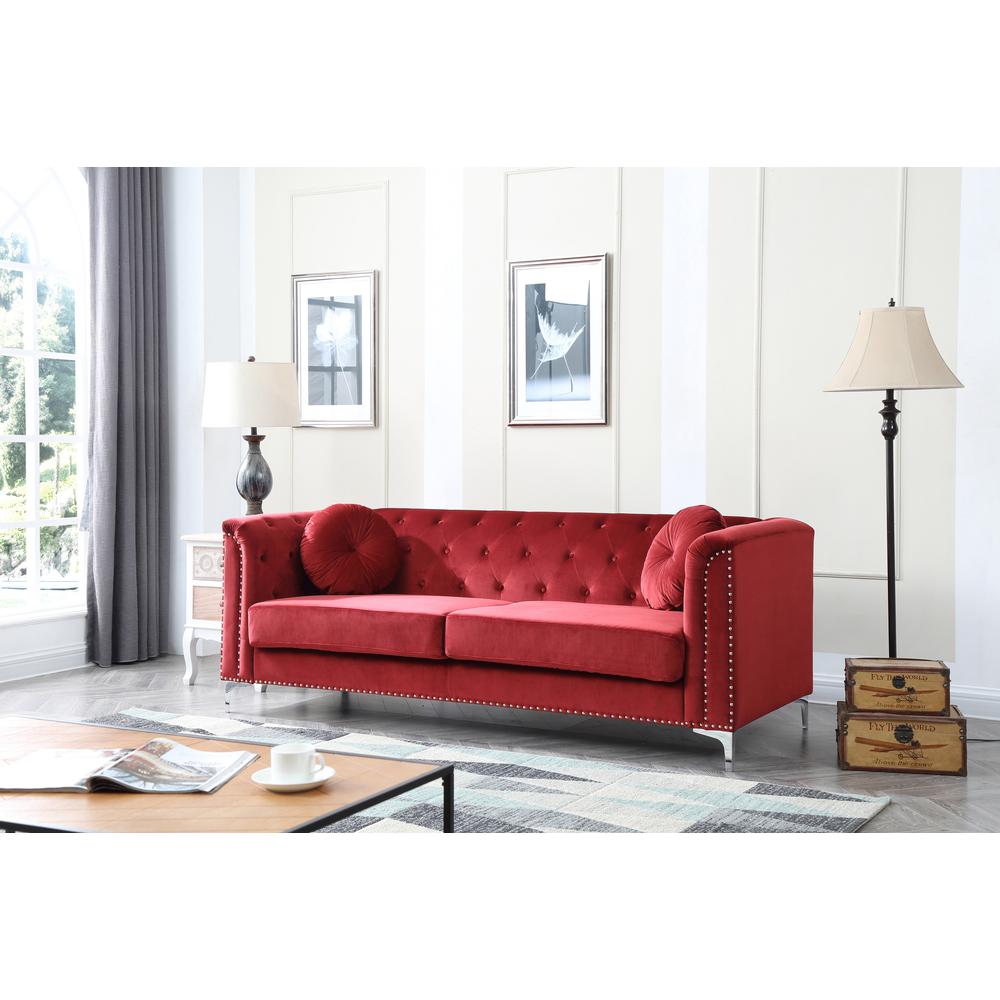 Pompano 83 in. Burgundy Tufted Velvet Loveseat with 2-Throw Pillow. Picture 5