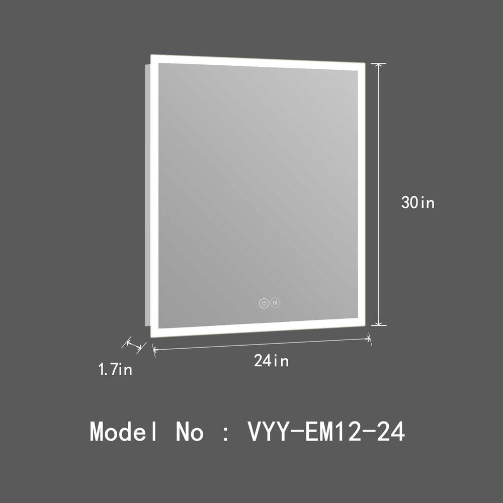 24.02 in. W x 30 in. H Rectangular Frameless Anti-Fog Wall Bathroom LED Vanity Mirror in Silver. Picture 2