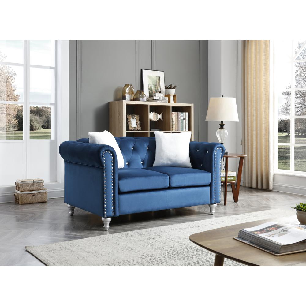 Raisa 60 in. Navy Blue Velvet 2-Seater Sofa with 2-Throw Pillow. Picture 5