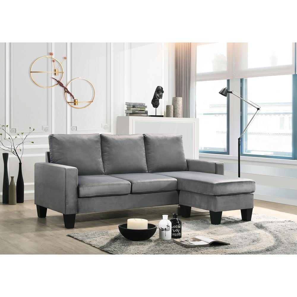 Jessica 77 in. W Flared Arm Velvet L Shaped Sofa in Gray. Picture 5