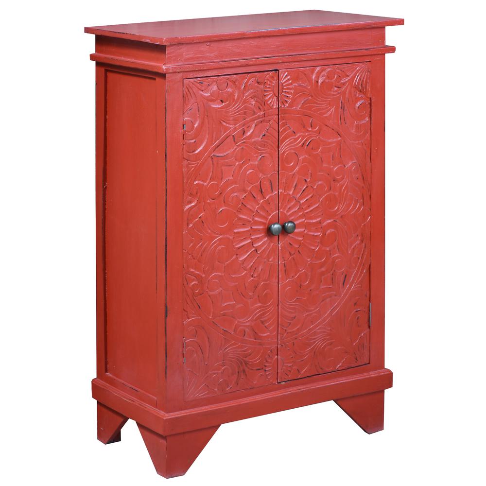 Shabby Chic Cottage Distressed Red Wood Carved Accent Cabinet. Picture 2