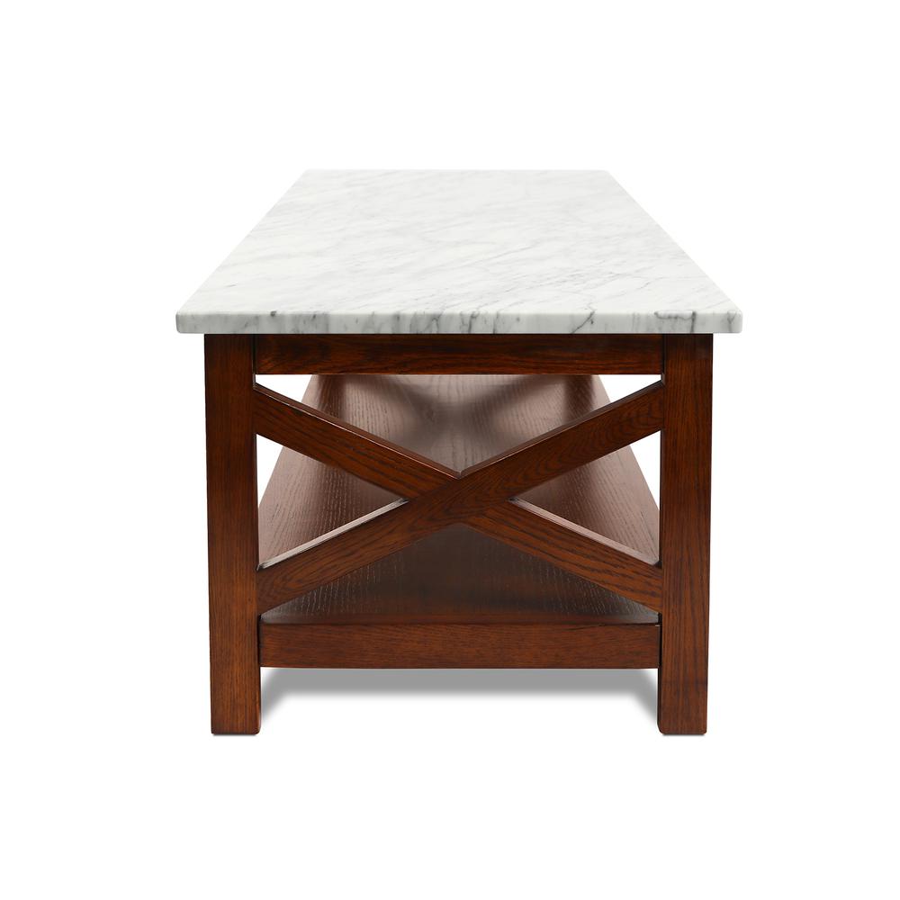 Agatha 44" Rectangular Italian Carrara White Marble Coffee Table with walnut color solid wood Legs. Picture 3