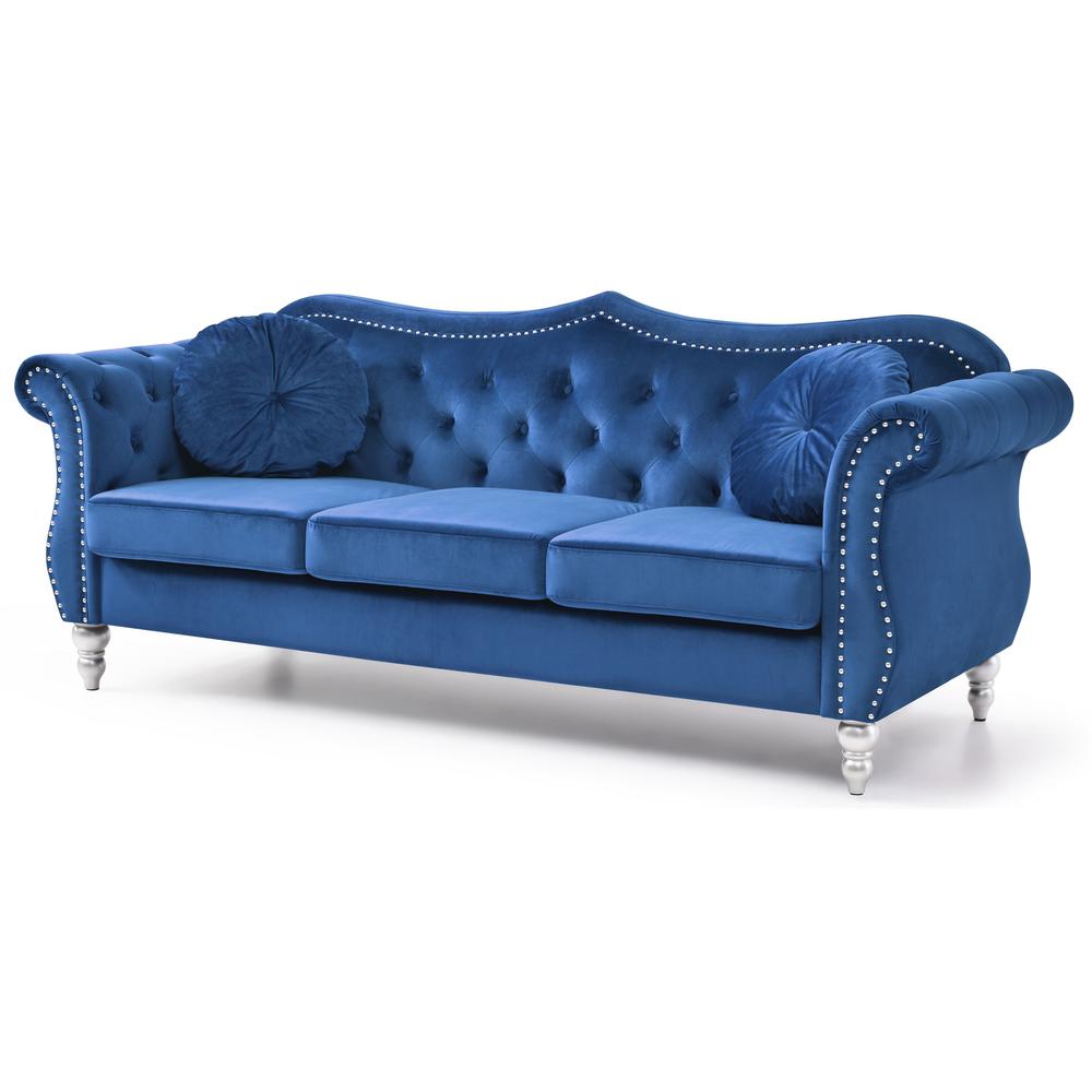 Hollywood 82 in. Navy Blue Velvet Chesterfield 3-Seater Sofa with 2-Throw Pillow. Picture 1