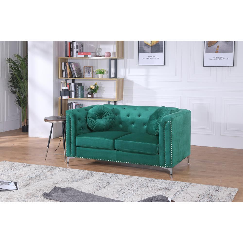 Pompano 62 in. Green Tufted Velvet 2-Seater Sofa with 2-Throw Pillow. Picture 6