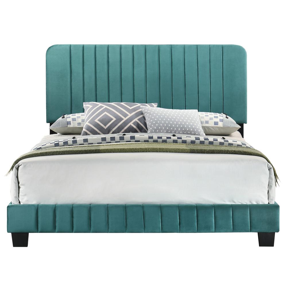 Lodi Green Velvet Upholstered Channel Tufted Queen Panel Bed. Picture 2