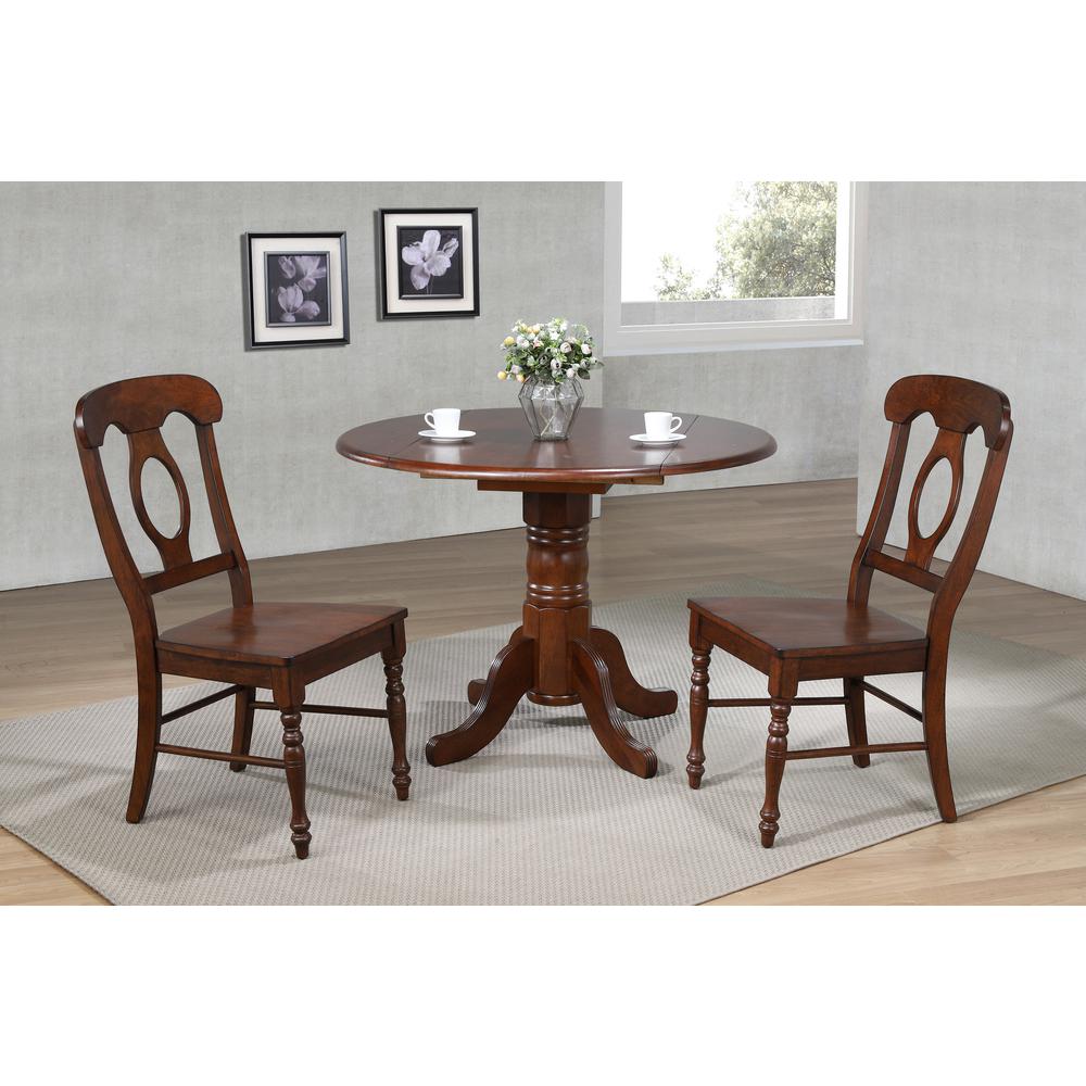 Andrews 3-Piece Round Wood Top Distressed Chestnut Brown Dining Set with Napoleon Chairs. Picture 7