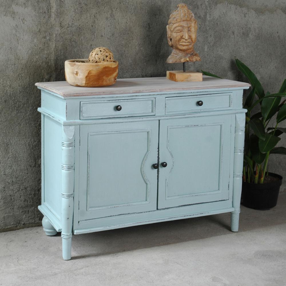 Shabby Chic Cottage Sky Blue and Lime Wash Accent Cabinet with 2 Doors and 2 Drawers. Picture 5
