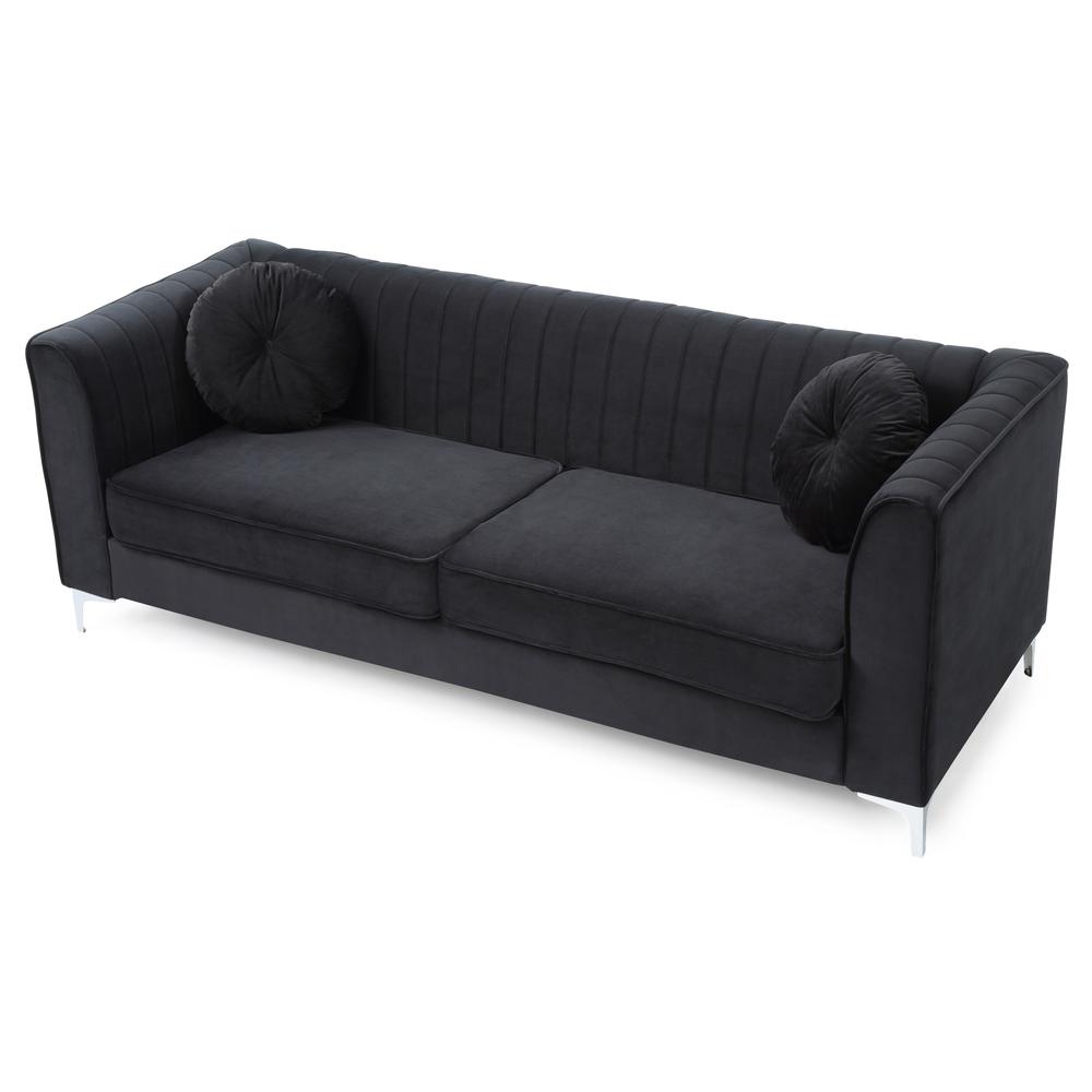 Delray 87 in. Black Velvet 2-Seater Sofa with 2-Throw Pillow. Picture 3