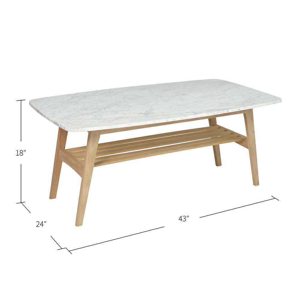 Laura 43" Rectangular Italian Carrara White Marble Coffee Table with Oak Shelf. Picture 4