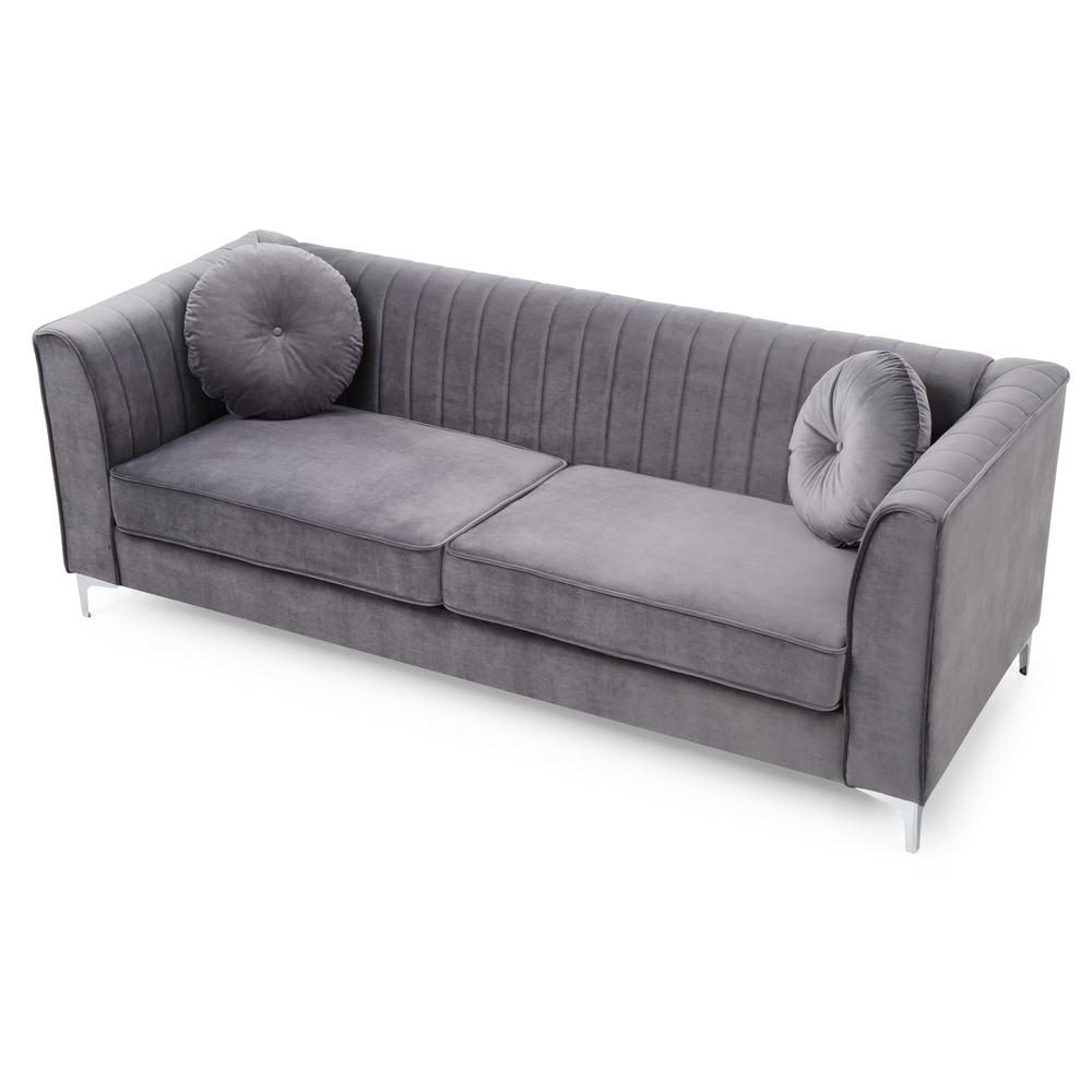 Delray 87 in. Gray Velvet 2-Seater Sofa with 2-Throw Pillow. Picture 3