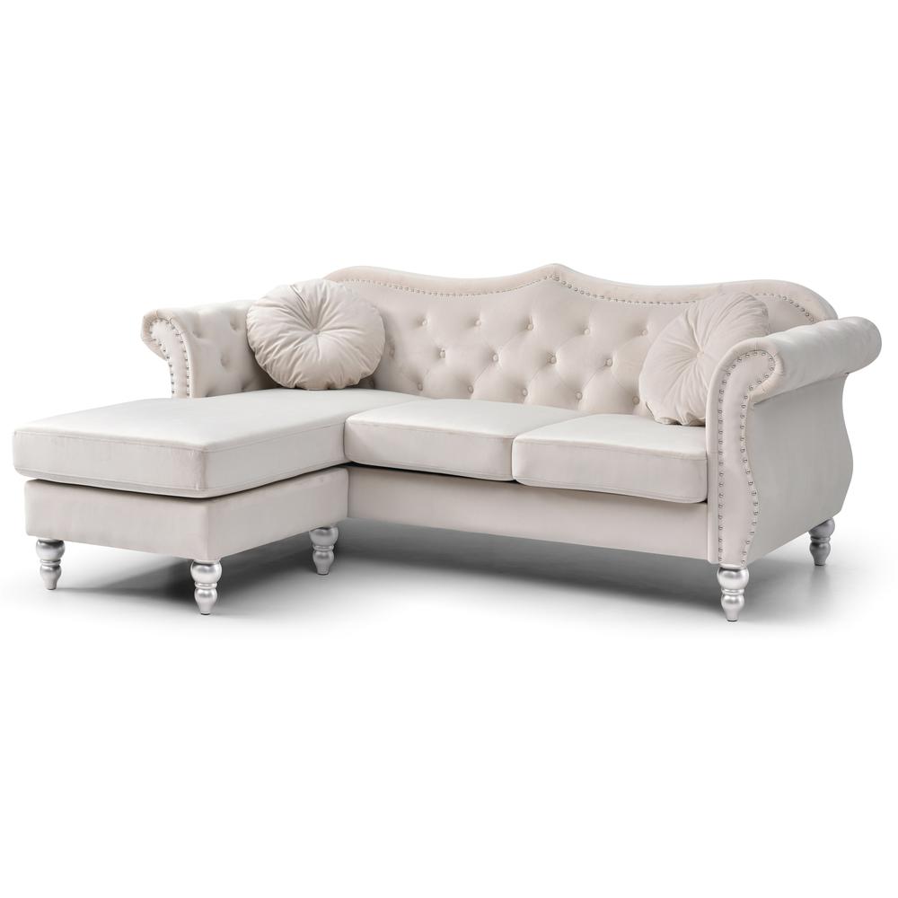 Hollywood 81 in. Ivory Velvet Chesterfield Sectional Sofa with 2-Throw Pillow. Picture 1