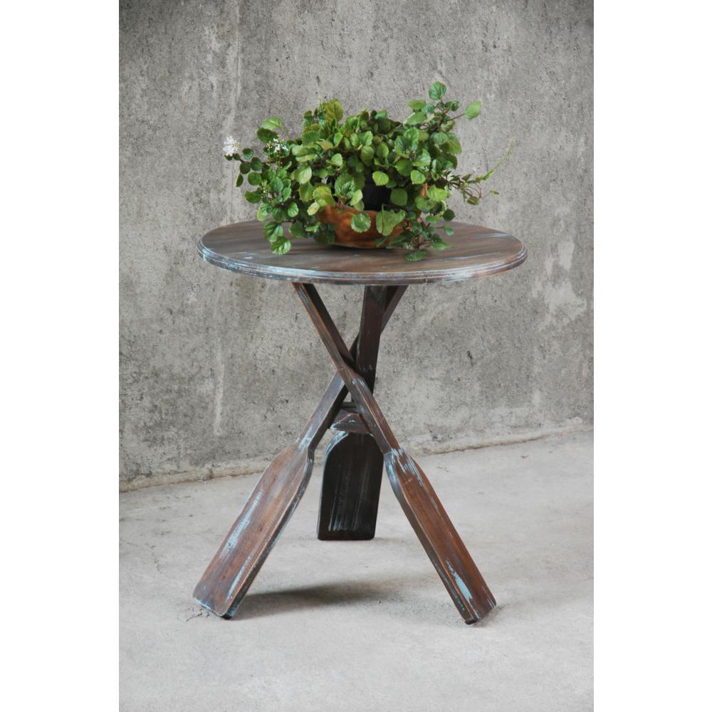 Shabby Chic Cottage 23.5 in. Bluebrush Brown Round Solid Wood End Table. Picture 3