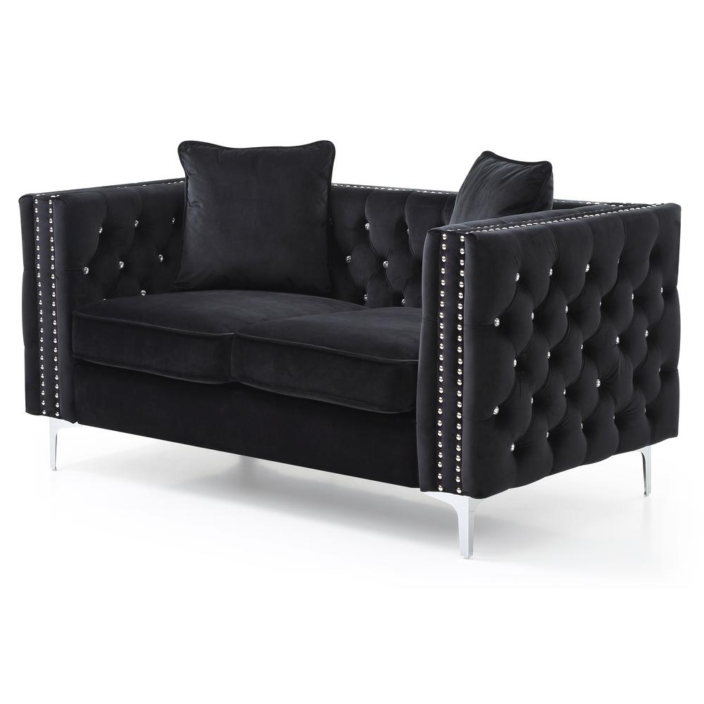 Paige 63 in. Black Tufted Velvet Loveseat With 2-Throw Pillows. Picture 2