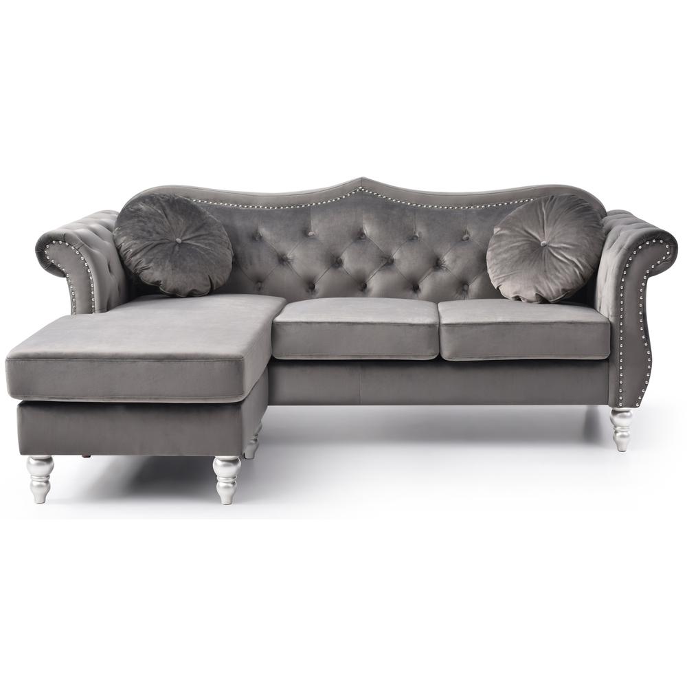 Hollywood 81 in. Dark Gray Velvet Chesterfield Sectional Sofa with 2-Throw Pillow. Picture 2