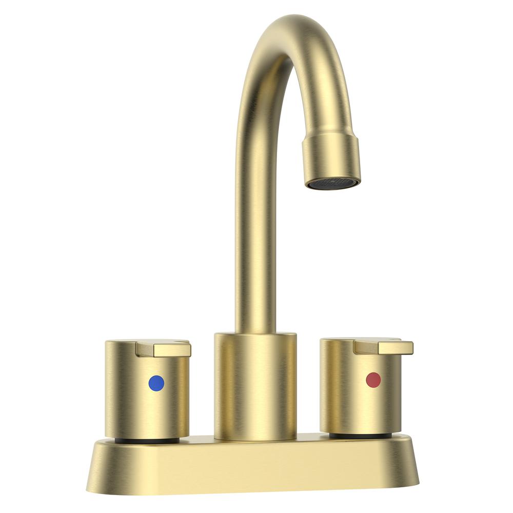 Alamo 4 in. Surface Mounted 2 Handles Bathroom Faucet with Drain Kit Included in Brushed Gold. Picture 1