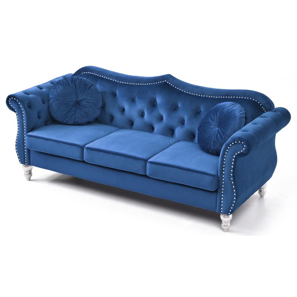 Hollywood 82 in. Navy Blue Velvet Chesterfield 3-Seater Sofa with 2-Throw Pillow. Picture 3