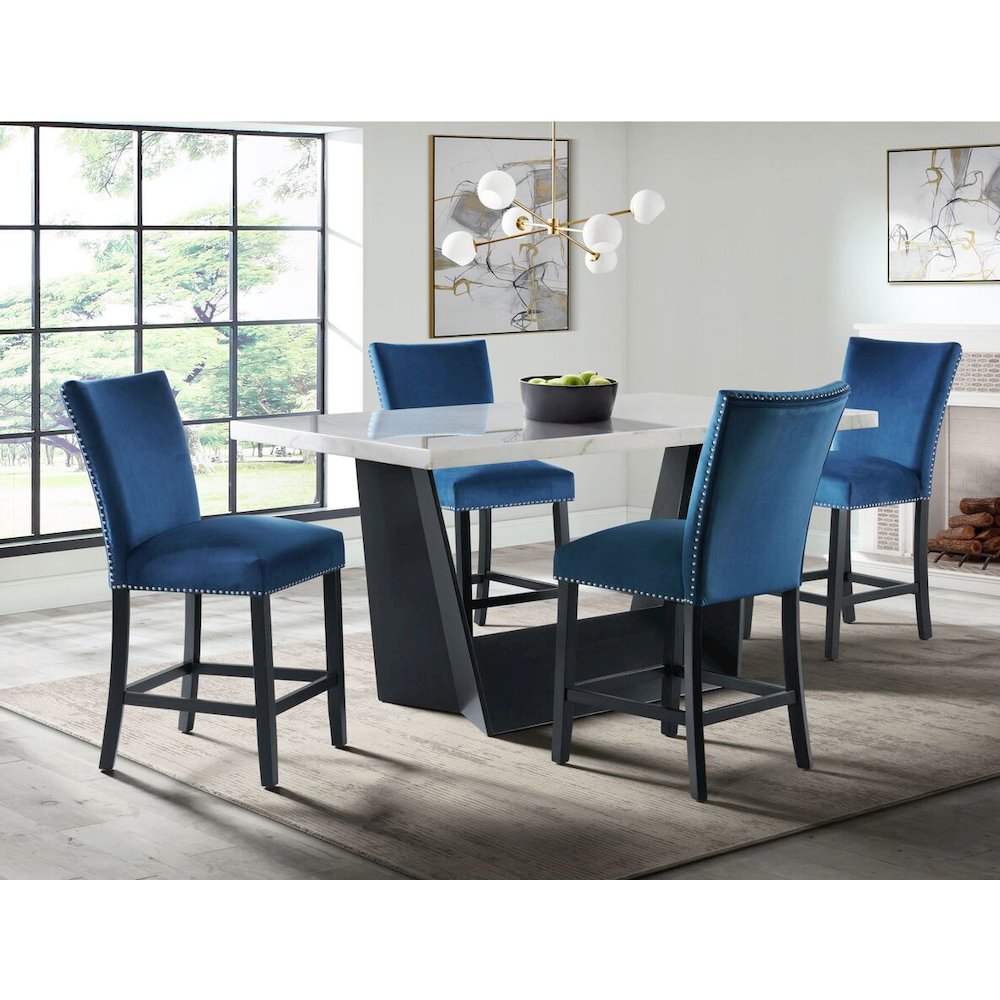 Dillon Counter Height White 5PC Dining Set-Table & Four Velvet Chairs in Blue. Picture 1