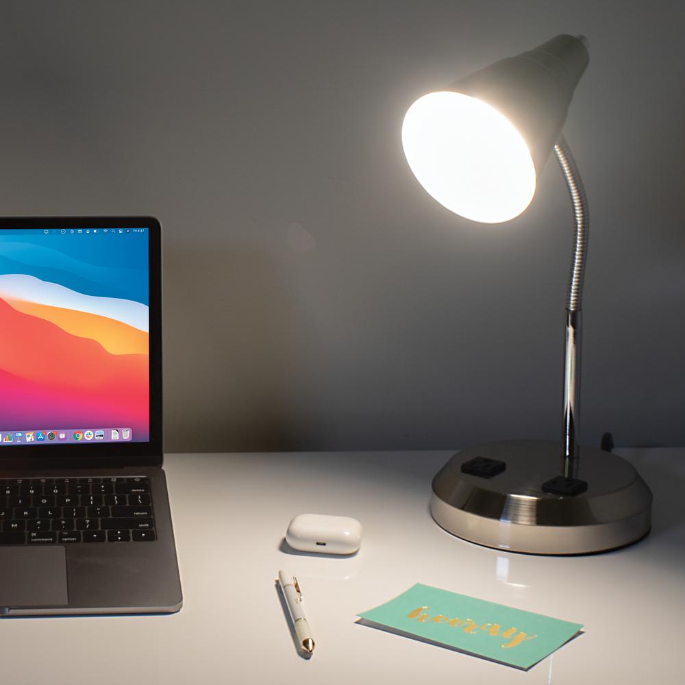 V-Light 15 inch Brushed Steel LED Gooseneck Desk Lamp with Charging Outlets. Picture 7