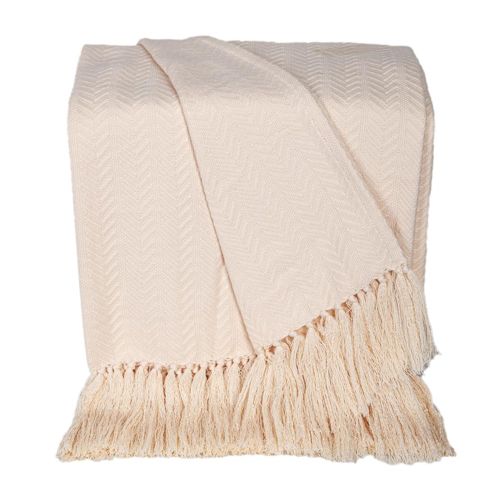 Premium Cream Color Cotton Throw for Sofa and Living Space with Tassels. Picture 1