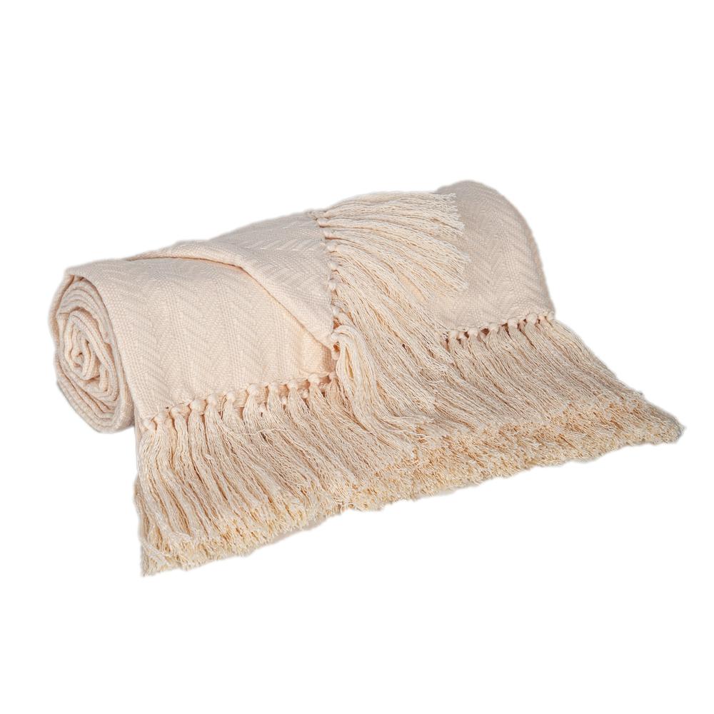 Premium Cream Color Cotton Throw for Sofa and Living Space with Tassels. Picture 2