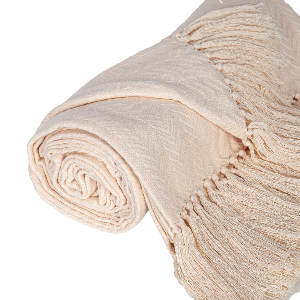 Premium Cream Color Cotton Throw for Sofa and Living Space with Tassels. Picture 3