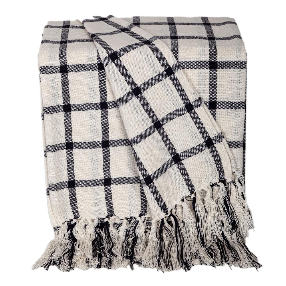 Premium Charcoal/White Cotton Throw with Tassels. Picture 1