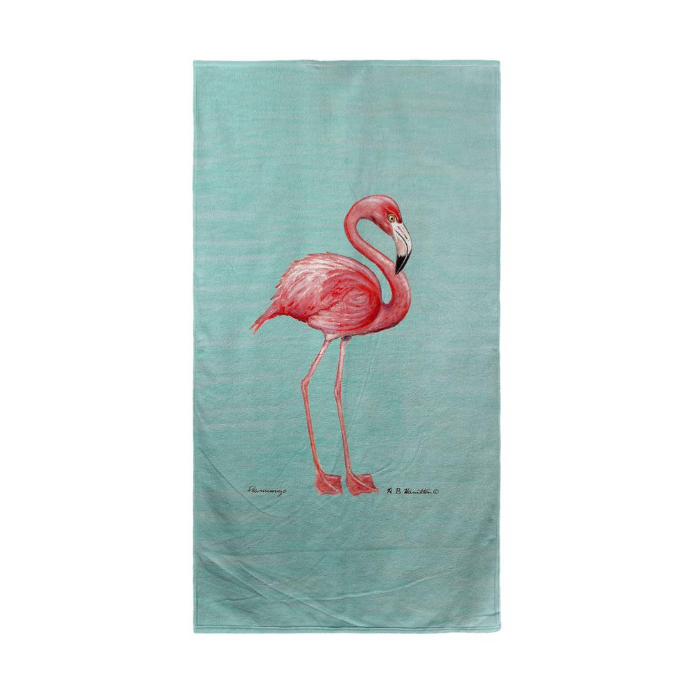 Pink Flamingo on Aqua Beach Towel. Picture 1