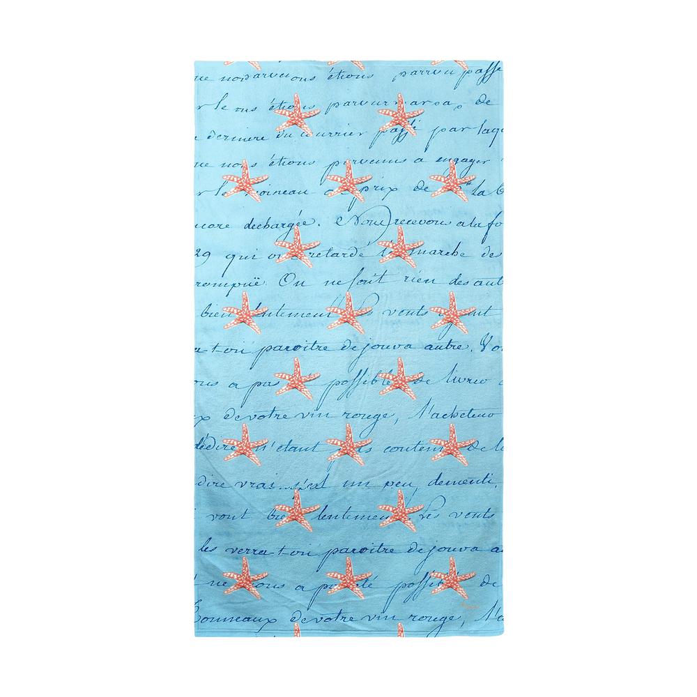 Coral Starfish and Blue Script Beach Towel. Picture 1