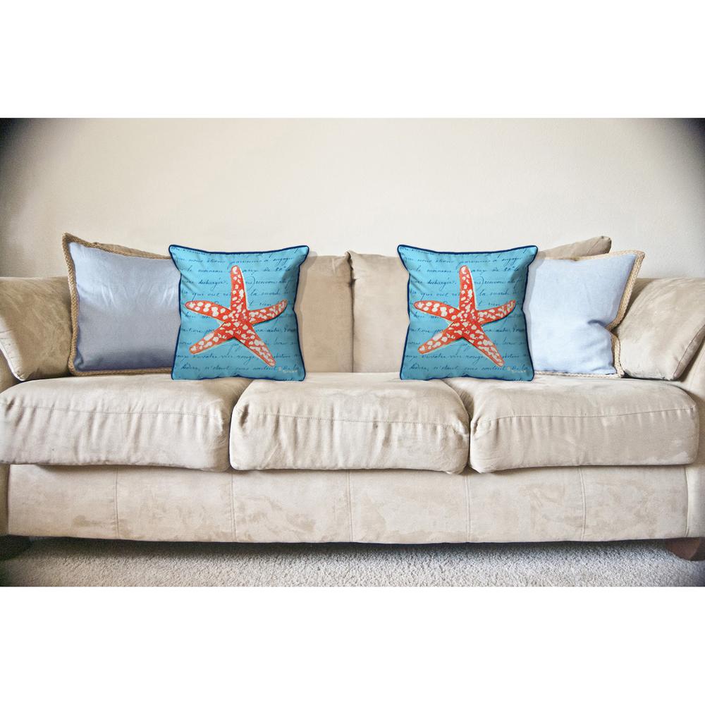 Coral Starfish Blue Large Indoor/Outdoor Pillow 18x18. Picture 3