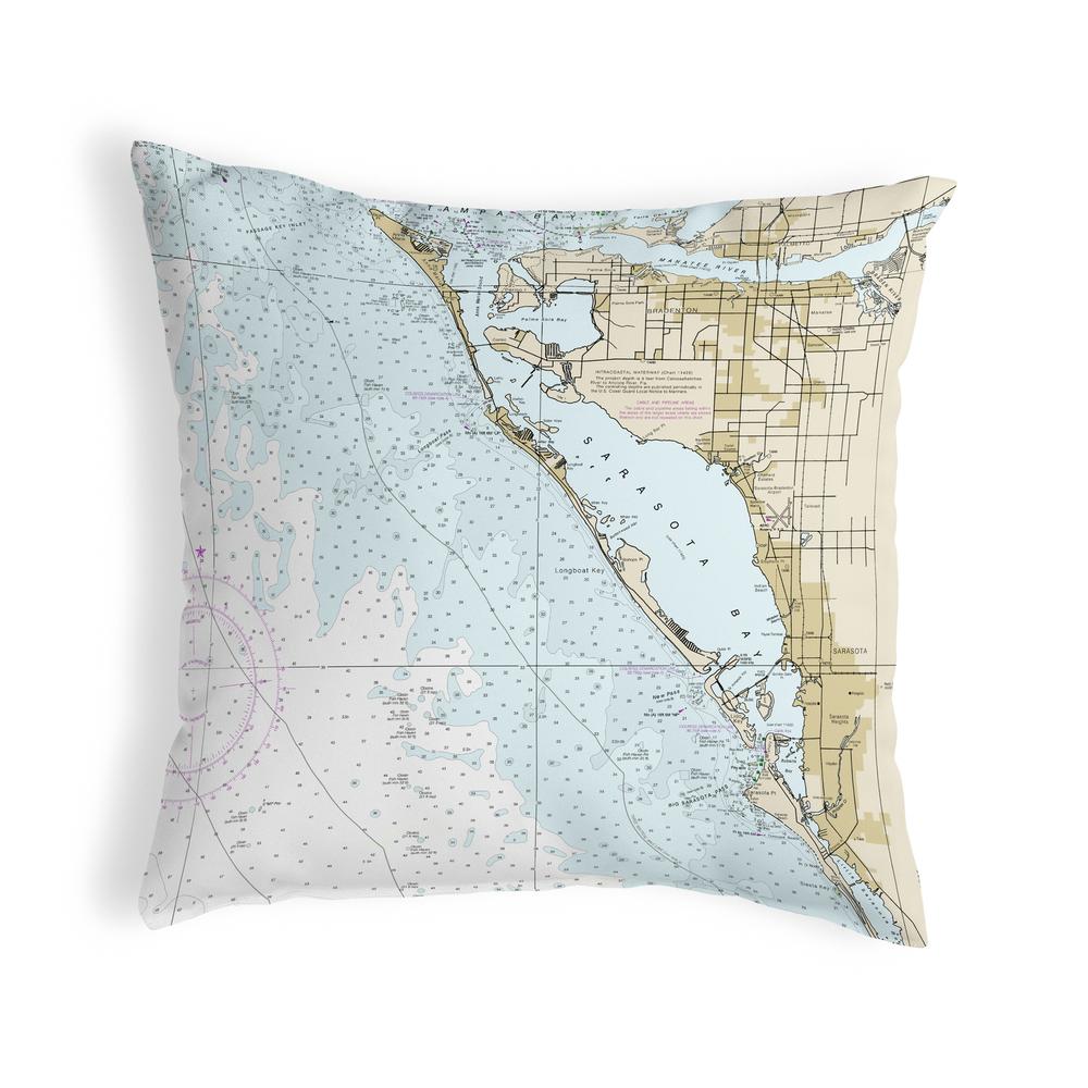 Sarasota Bay, FL Nautical Map Noncorded Indoor/Outdoor Pillow 12x12. Picture 1