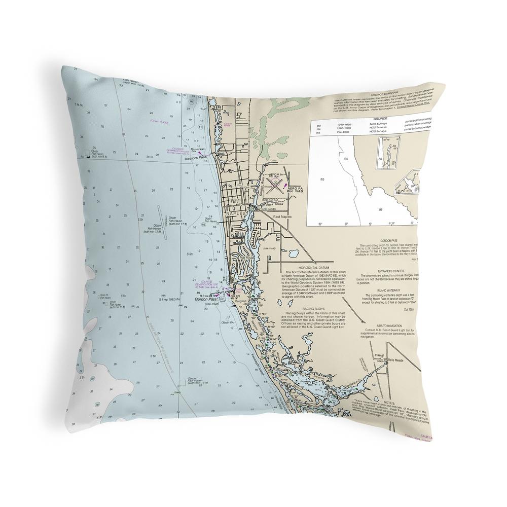 Naples Bay, FL Nautical Map Noncorded Indoor/Outdoor Pillow 12x12. Picture 1