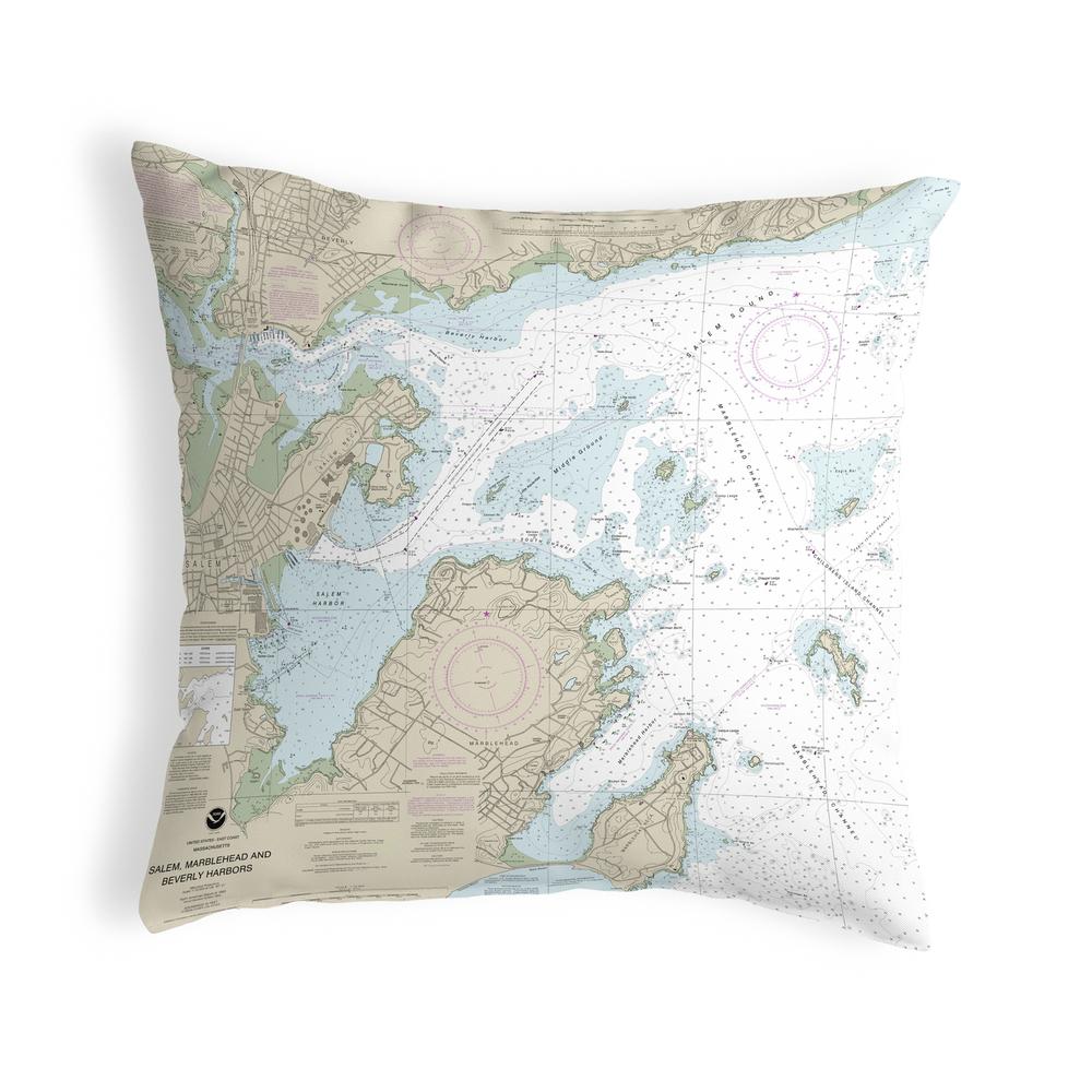 Salem, Marblehead and Beverly Harbors, MA Nautical Map Noncorded Indoor/Outdoor Pillow 12x12. Picture 1
