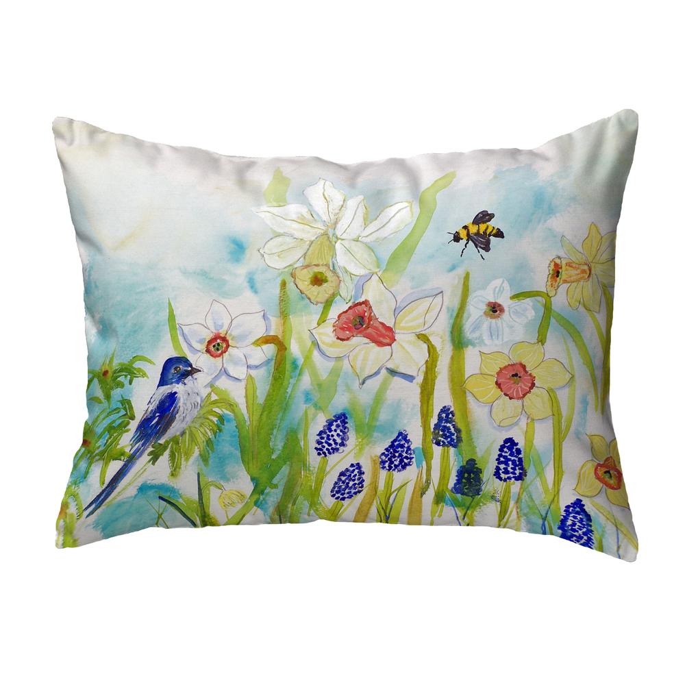 Bird & Daffodils Small No-Cord Pillow 12x12. Picture 1