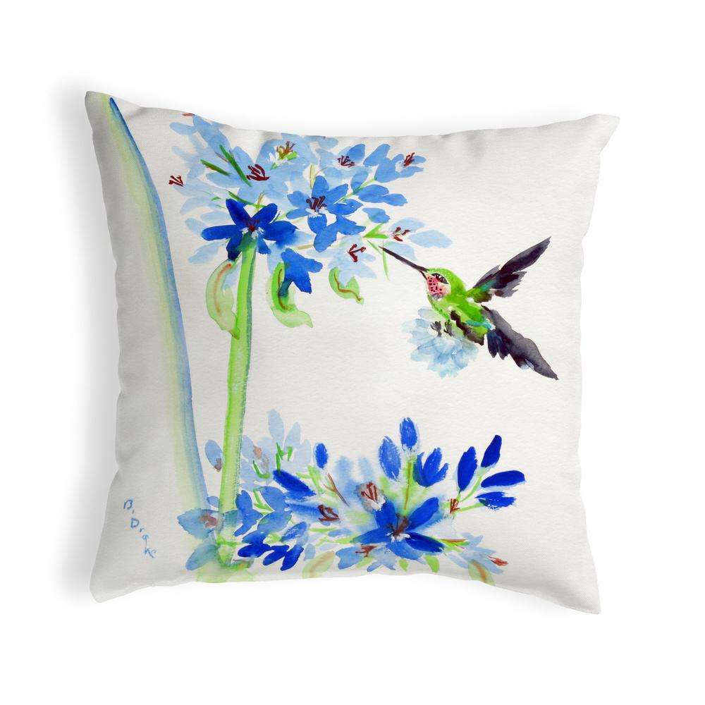 Hummingbird & Blue Flowers Small No-Cord Pillow 12x12. Picture 1