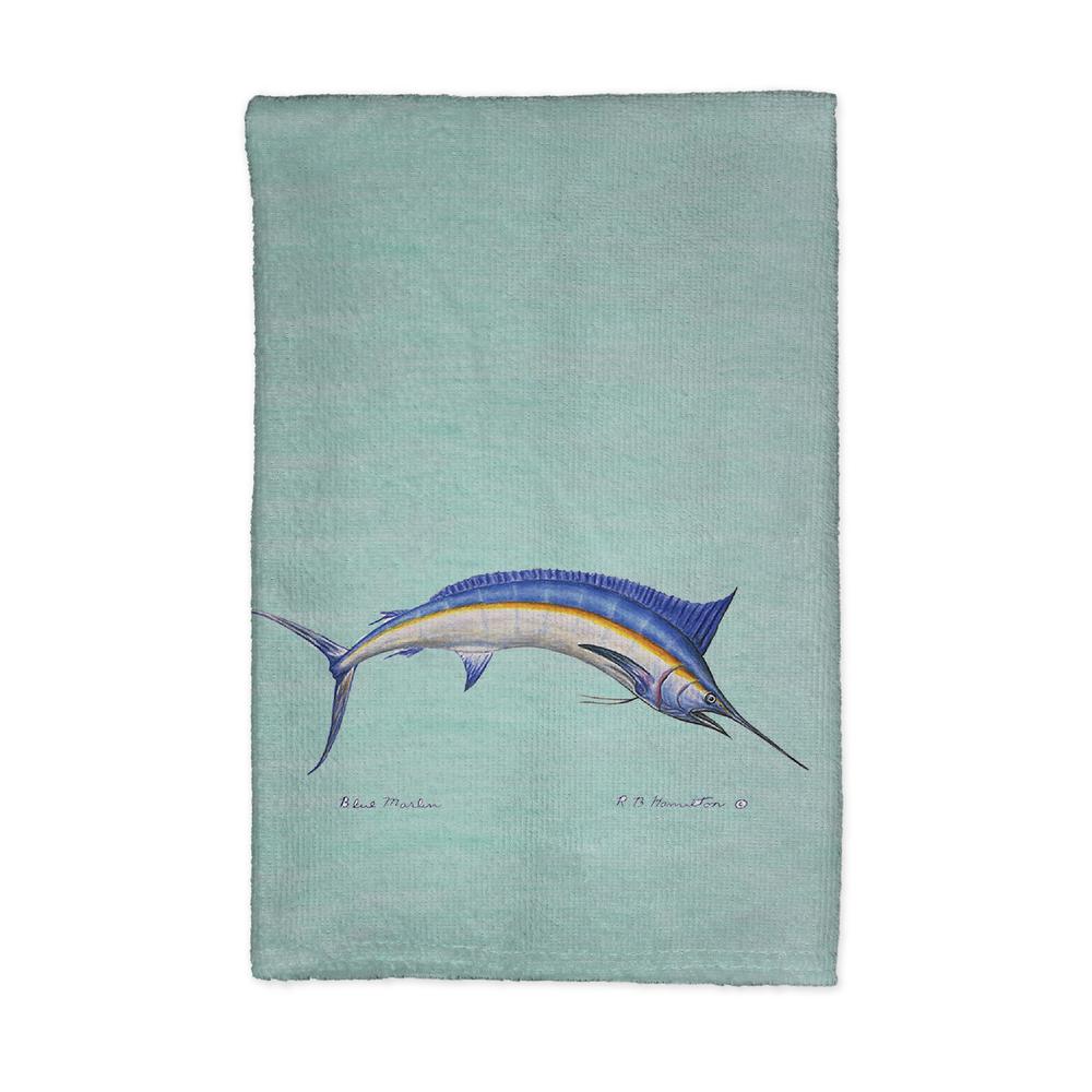 Blue Marlin on Teal Kitchen Towel. Picture 1