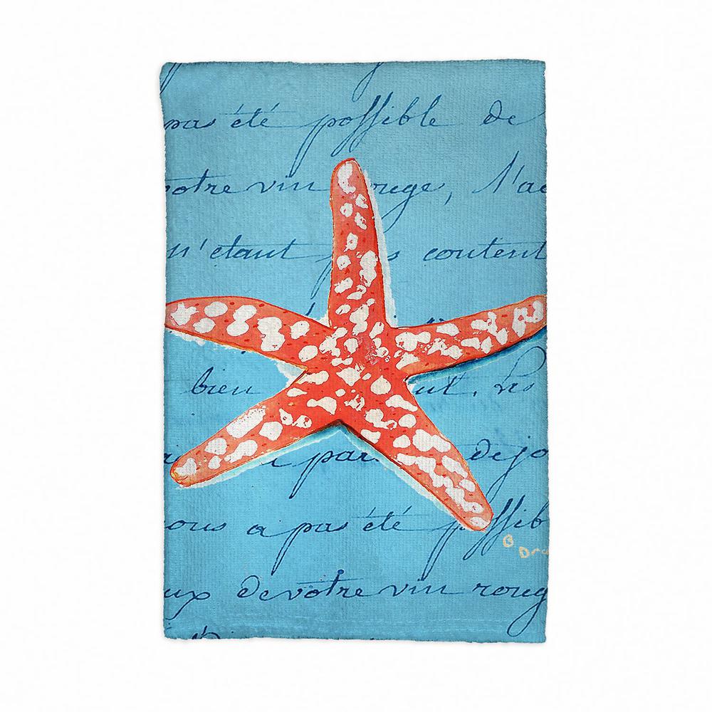 Coral Starfish Blue Script Kitchen Towel. Picture 1