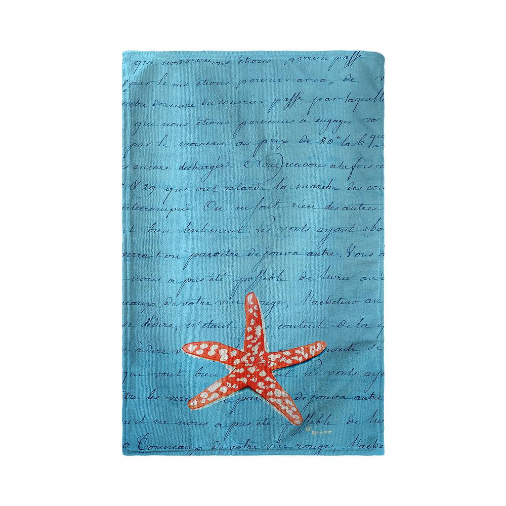 Coral Starfish Blue Script Kitchen Towel. Picture 2