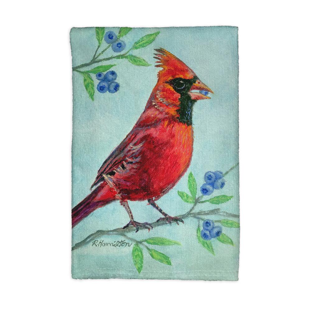 Cardinal and Blueberries Kitchen Towel. Picture 1