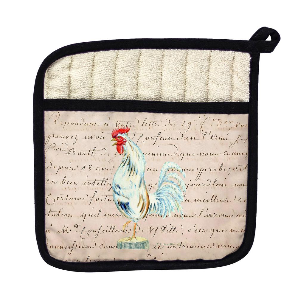 White Rooster Beige Script Pot Holder. Picture 1