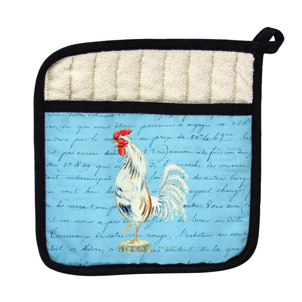 White Rooster Script Pot Holder. Picture 1