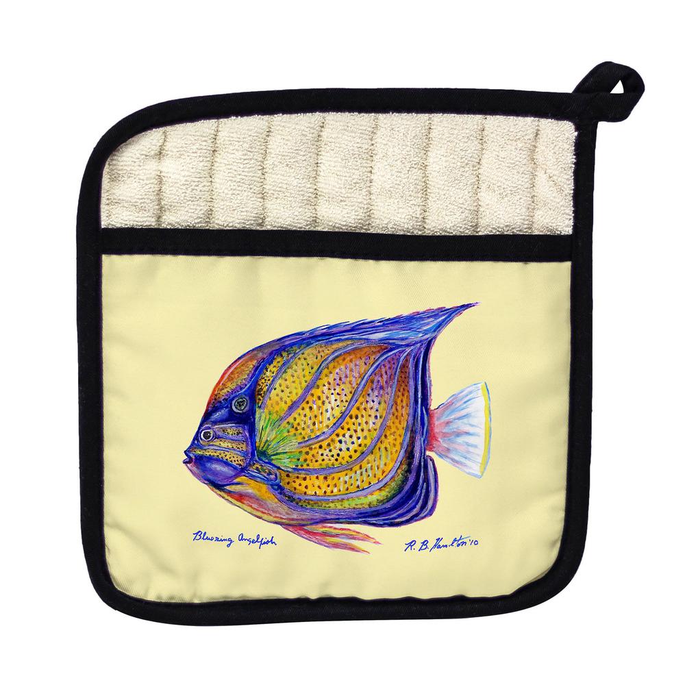 Blue Ring Angelfish - Yellow Pot Holder. Picture 1
