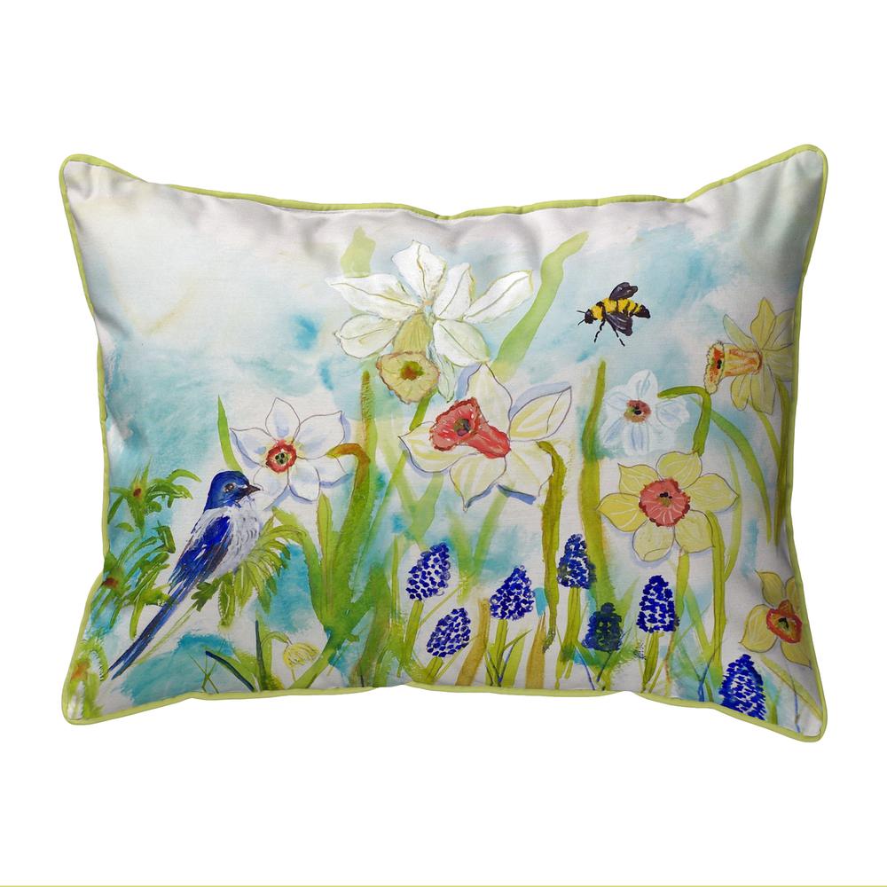 Bird & Daffodils Small Indoor/Outdoor Pillow 12x12. Picture 1