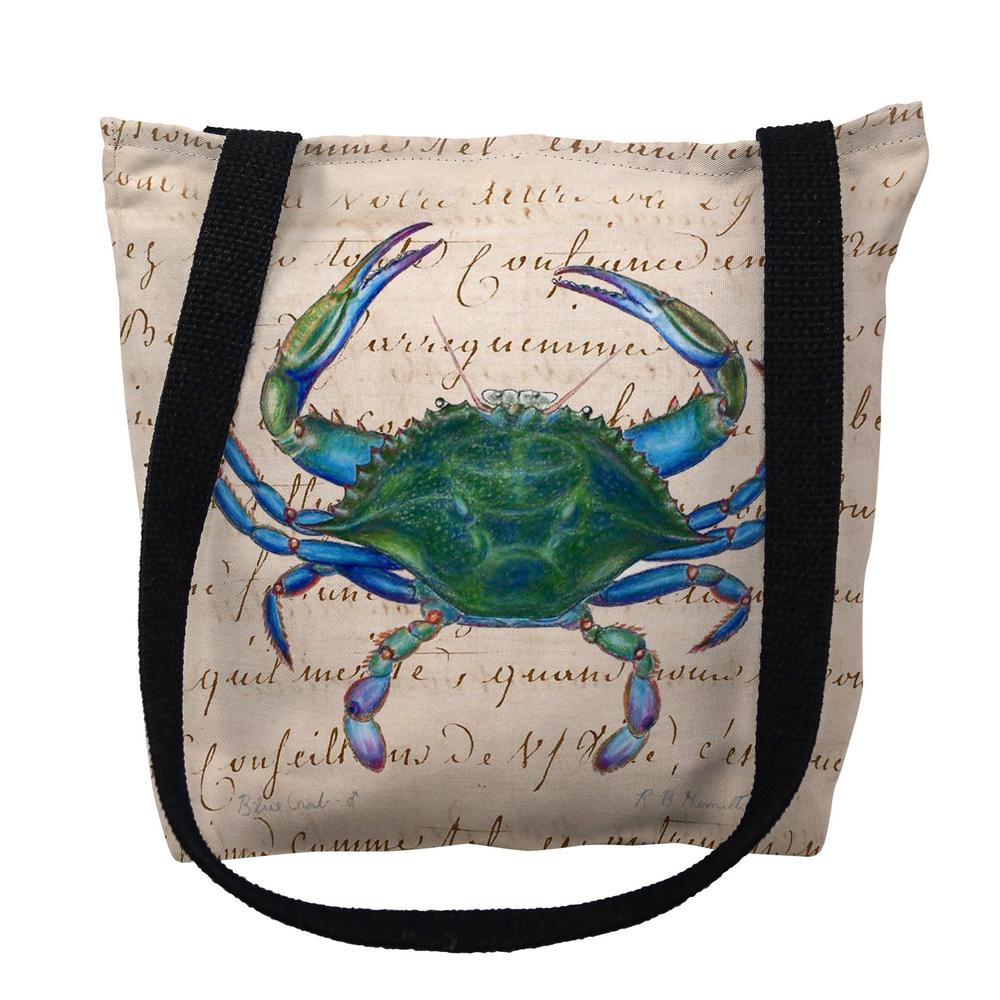 Male Blue Crab Beige Script Medium Tote Bag 16x16. Picture 1