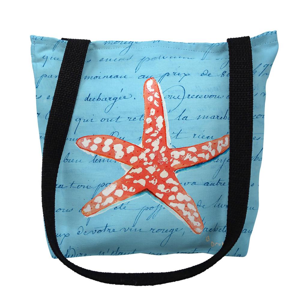 Coral Starfish Blue Script Small Tote Bag 13x13. Picture 1