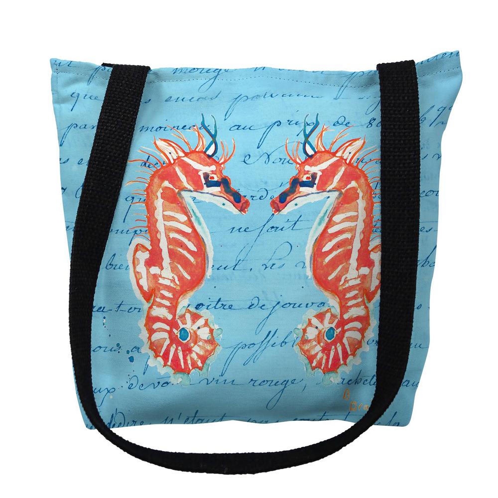 Coral Sea Horses Blue Script Large Tote Bag 18x18. Picture 1
