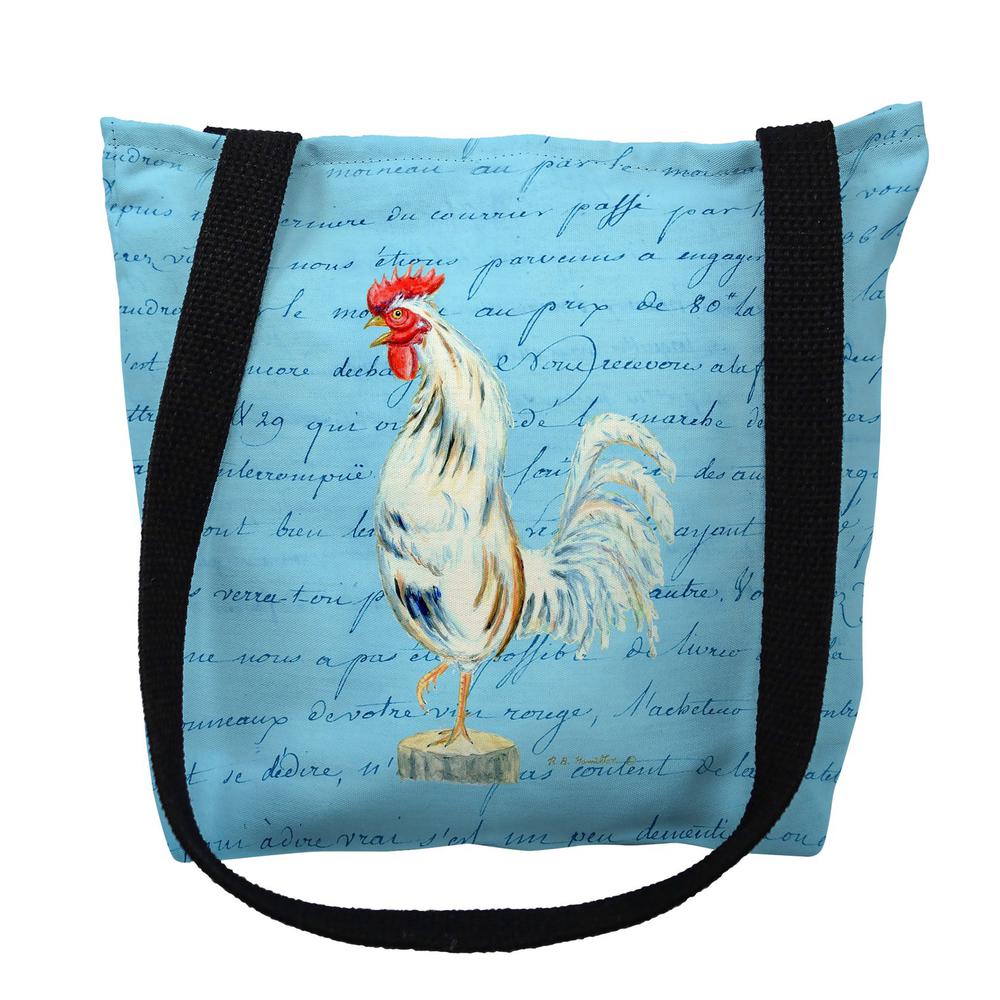 White Rooster Blue Script Small Tote Bag 13x13. Picture 1