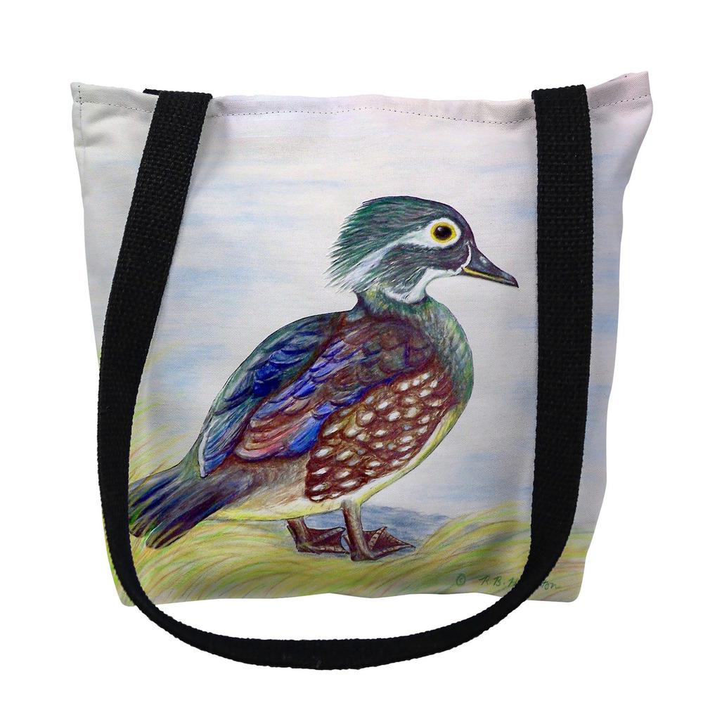 Female Wood Duck on White Large Tote Bag 18x18. Picture 1